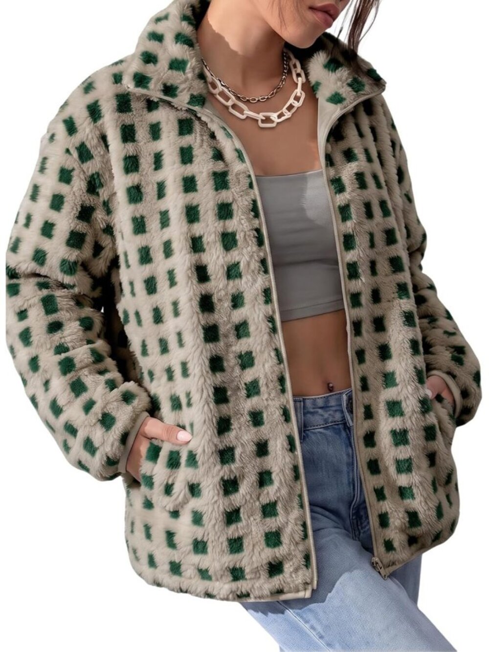 Women's Plaid Green Sherpa Fabric Coat Loose Fit Zipper Front Fleece Jacket
